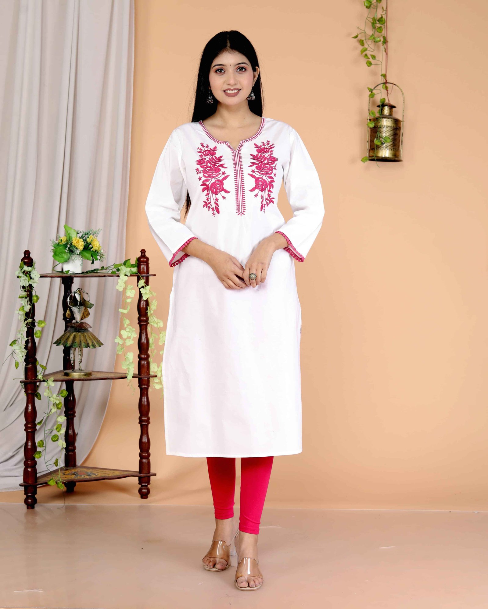 “White Cotton Straight Kurta with Pink Floral Yoke Embroidery”